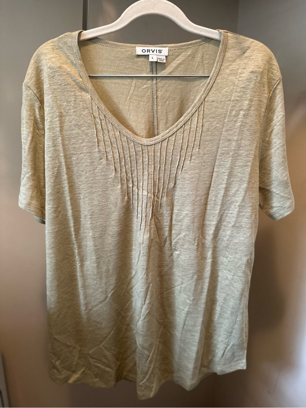 Orvis Linen Minimalist Green Pintuck Women’s Short Sleeve Top L Granola Coastal